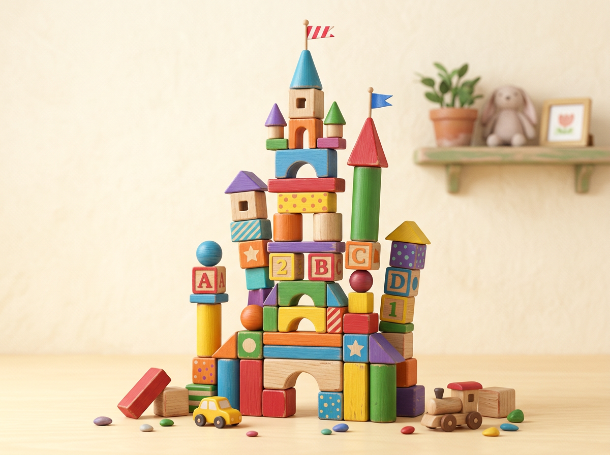 Colorful wooden building blocks stacked into a tower