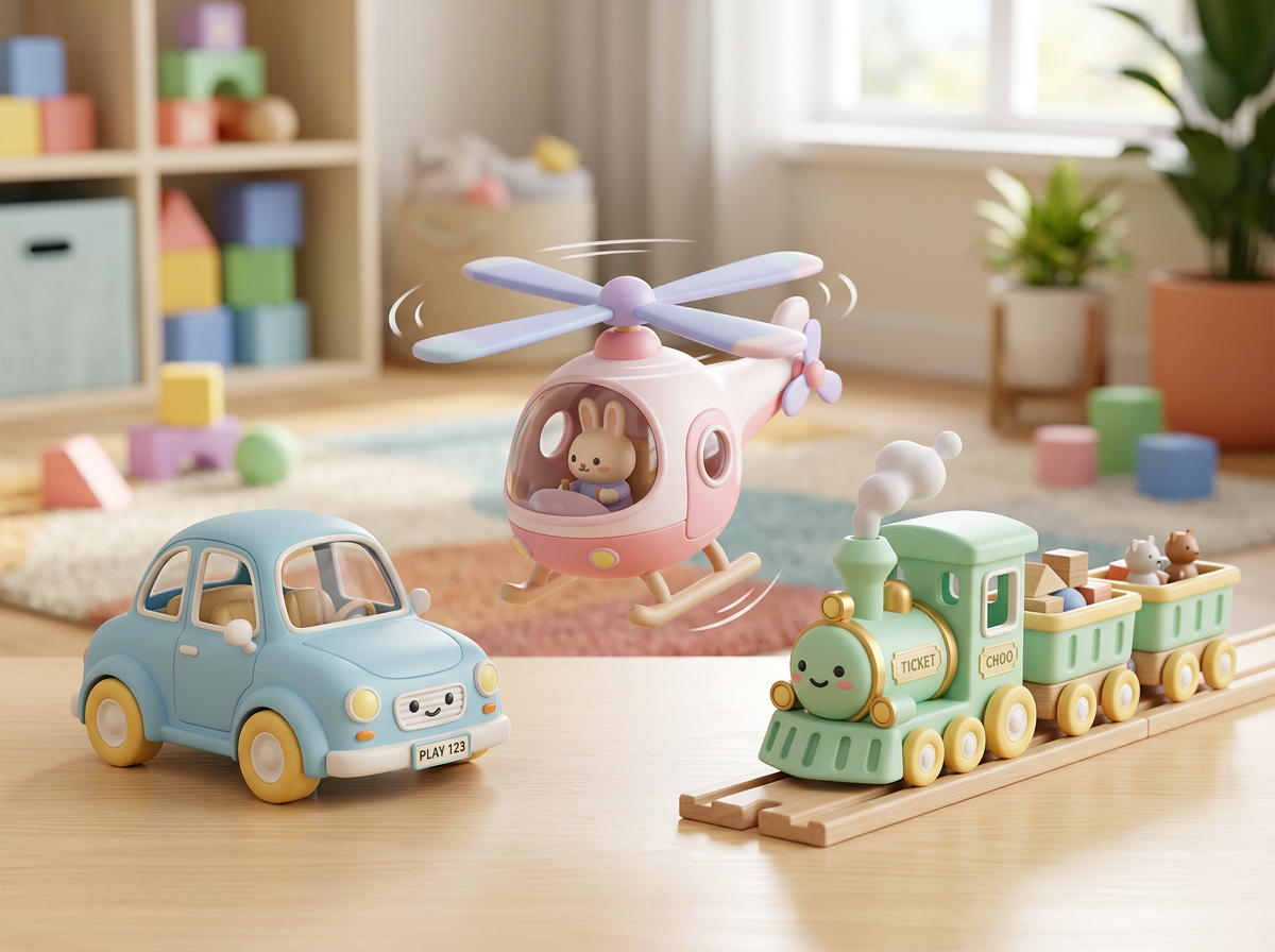 Sleek pastel toy car, helicopter, and train