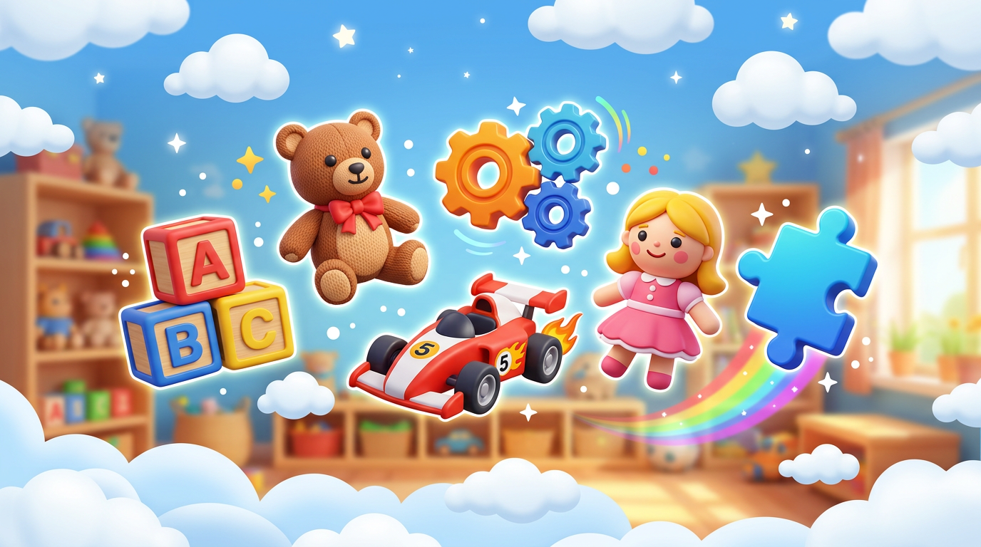 Colorful 3D cartoon icons of six toy categories floating together