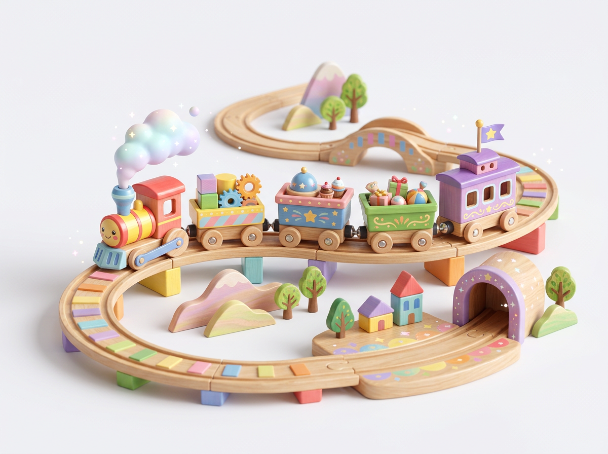 Colorful wooden train set with playful cars on a track