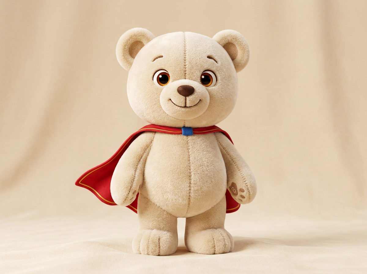 Soft plush bear wearing a small superhero cape