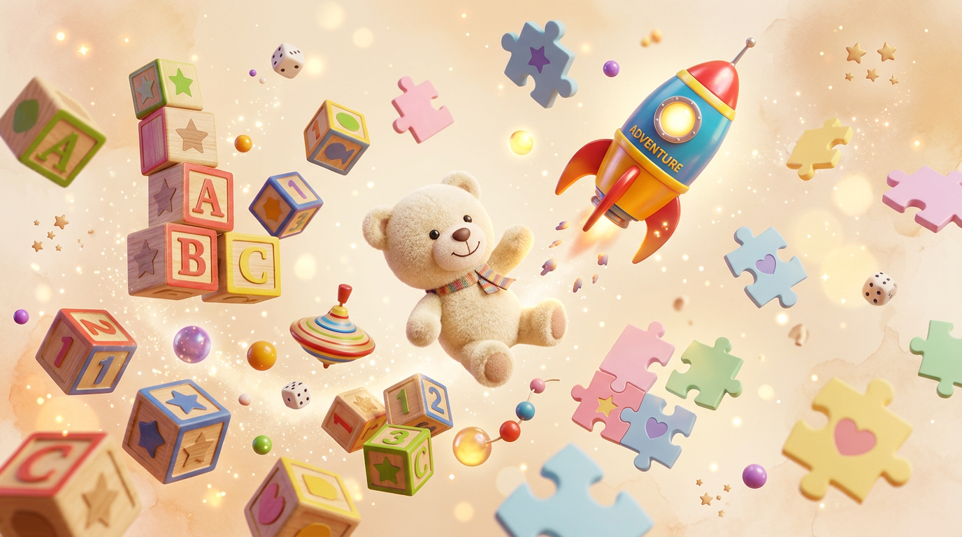 Colorful 3D cartoon toys including building blocks, a teddy bear, and a toy rocket floating in a magical warm scene